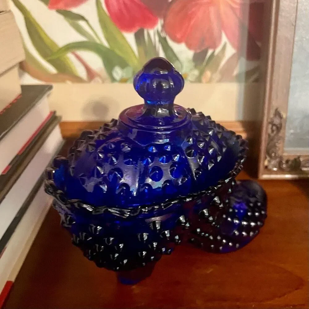 Vintage Fenton Cobalt Blue Victorian Style Glass Hobnail Boot Shoe Covered Candy - Picture 4 of 7